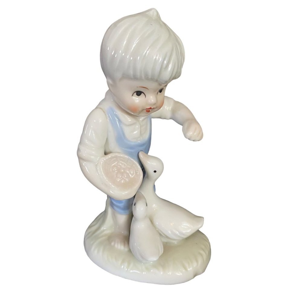 Vintage KPM Boy‎ Feeding Ducks Figurine Germany 5.5" Cottagecore Farmcore